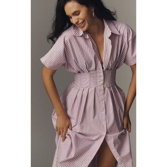 Exquise Anthropologie Midi Shirt Dress Tobie Purple Pleated Preppy Boho XS NWT - Picture 3 of 14